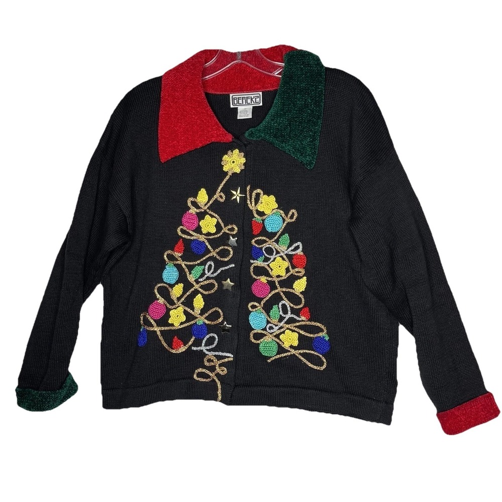 Vtg Berek 2 Ugly Christmas‎ Black Ramie Knit Cardigan Sweater M Embroidered Tree